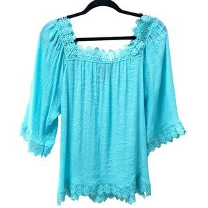 Women's New Directions Aqua Crochet Lace Embellished Top Blouse Shirt Size L